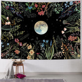Lofaris Colorful Wild Floral Moon Stars Night Sky Tapestry